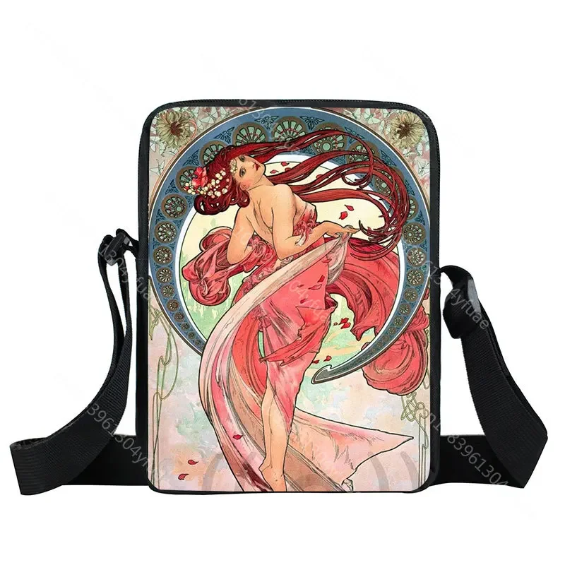 Olieverfschilderij Door Alphonse Mucha Print Crossbody Tas Vrouwen Handtas Messenger Bags Telefoon Id Card Sleutel Schoudertas Houder Boekentassen