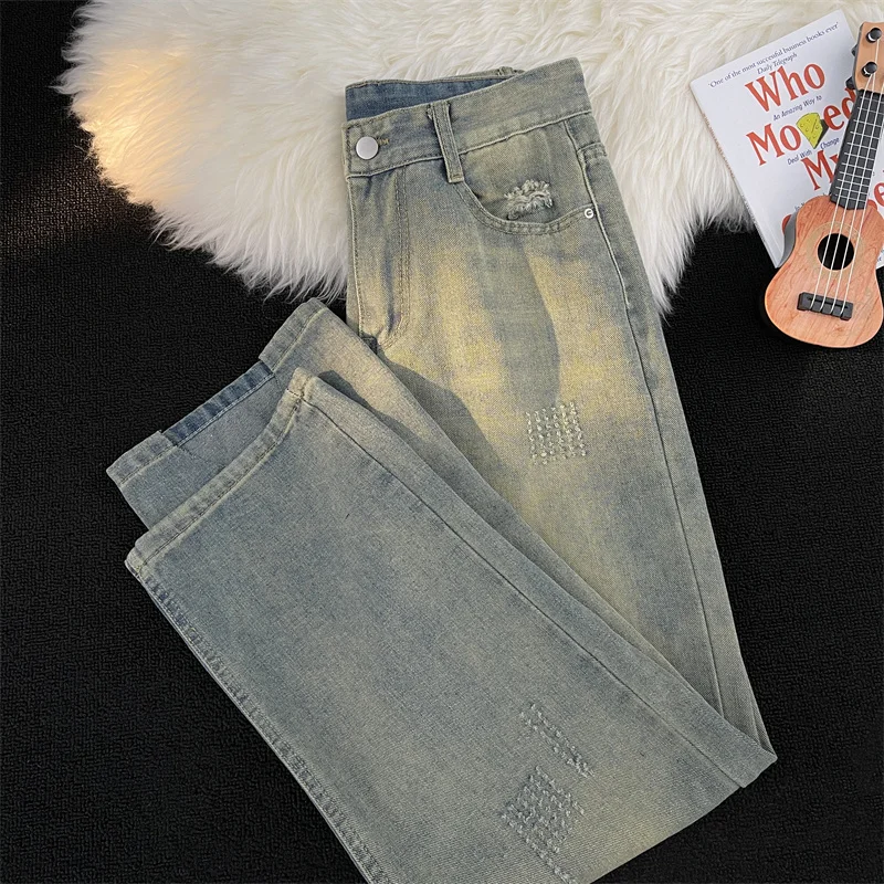 

Men Vintage Street Style Washed 2024 Beggar Casual Jeans Good Quality Distressed Men's Loose Denim Pants Male Clothing B105