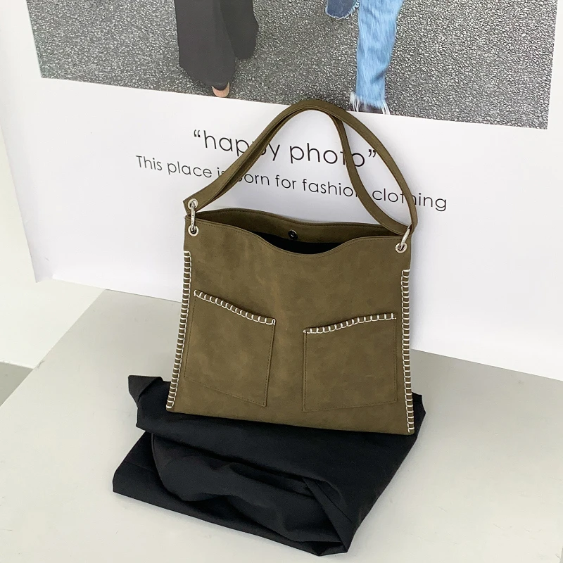 

Trendy Top-Handle Bag Women Vintage Spacious Suede Tote Shoulder Bag with Edge Trim Fashion Design Texture Simple Satchels Bag