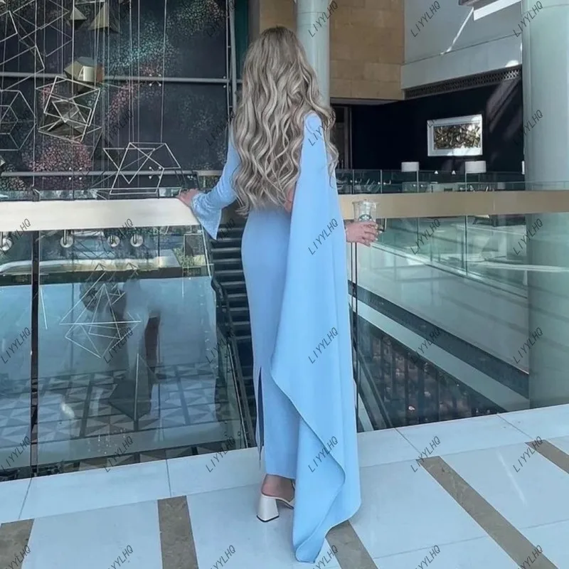 LIYYLHQ Arab Dubai Sky Blue Evening Dresses for Women with Flutter Wraps O-Neck Beaded Long Sleeves Prom Dress Robes De Soirée