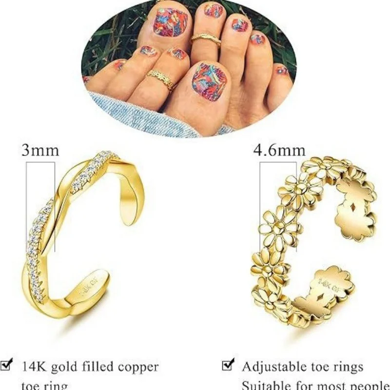 14K Gold-Plated Adjustable Zircon Foot Ring Two-Piece Set for Women During Summer Beach Vacation Toe Ring Jewelry Accessories view 4