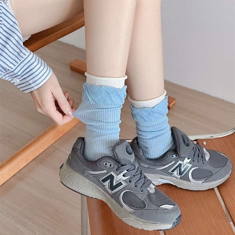 Knitted Cotton Socks Women Spring Summer Thin Breathable Middle Tube Socks Color Matching Harajuku Streetwear Loose Long Socks