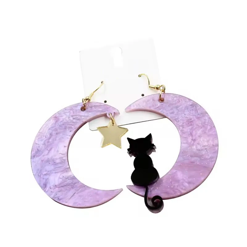 Boucles d'oreilles pendantes en acrylique découpées au laser, bijoux en résine incrustés faits à la main, Halloween, chat, lune, offre spéciale