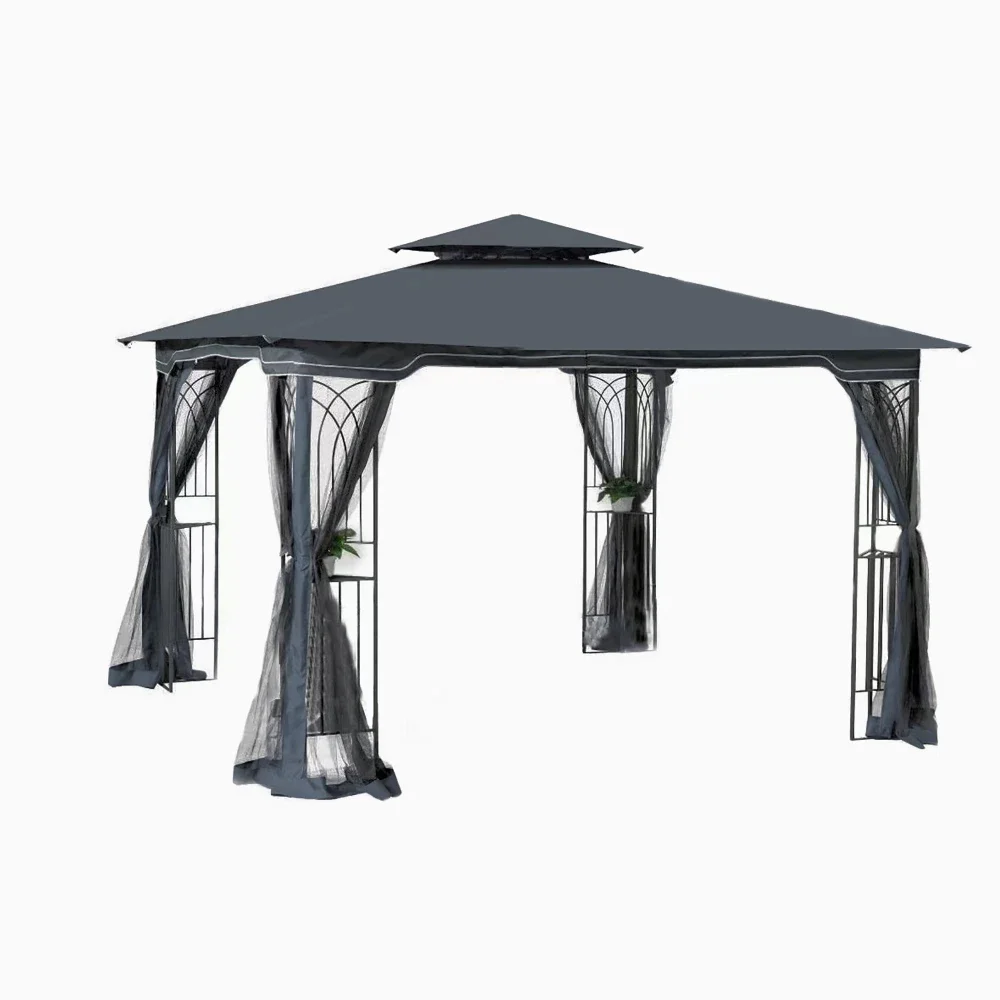 

10x10 Outdoor Patio Gazebo Canopy Tent With Ventilated Double Roof And Mosquito net(Detachable Mesh Screen On All Sides)Gray Top
