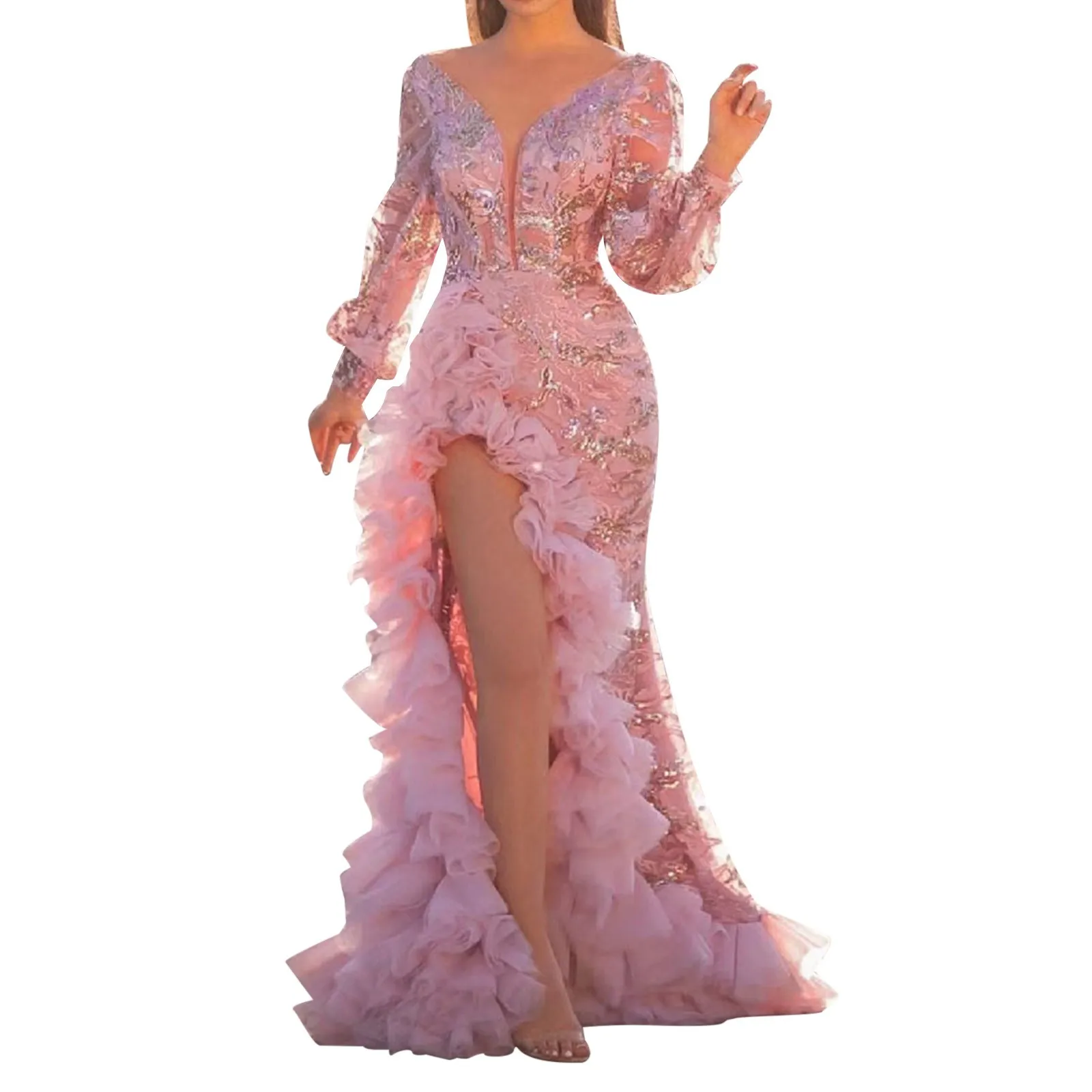 Robe longue à volants fendus sur le côté à col en V pour femmes, robe rose élégante, robe de soirée, robe de soirée pour femme, boîte de nuit, Rhde fin d'année, mariage, sexy