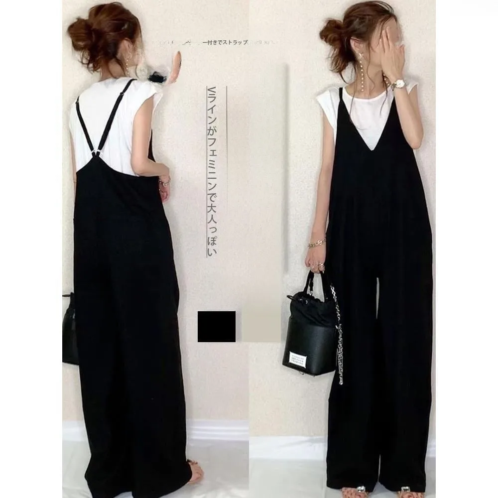 Loose Casual  Color Women's Romper 2023 Summer New Style Strap Pants Versatile Straight Hair Long Pants Polyester Fiber