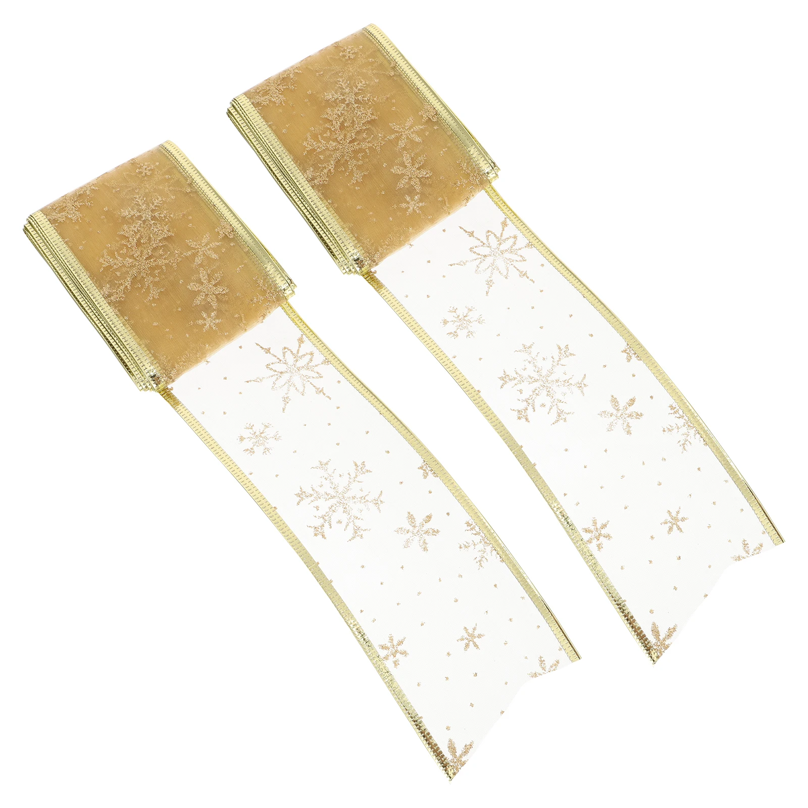 

2pcs Gold Fan Ribbon Snowflake Holiday Wrapping Decor Glitter Cloth Flexible Durable Xmas Gift Ornament Tree Wreath Packaging