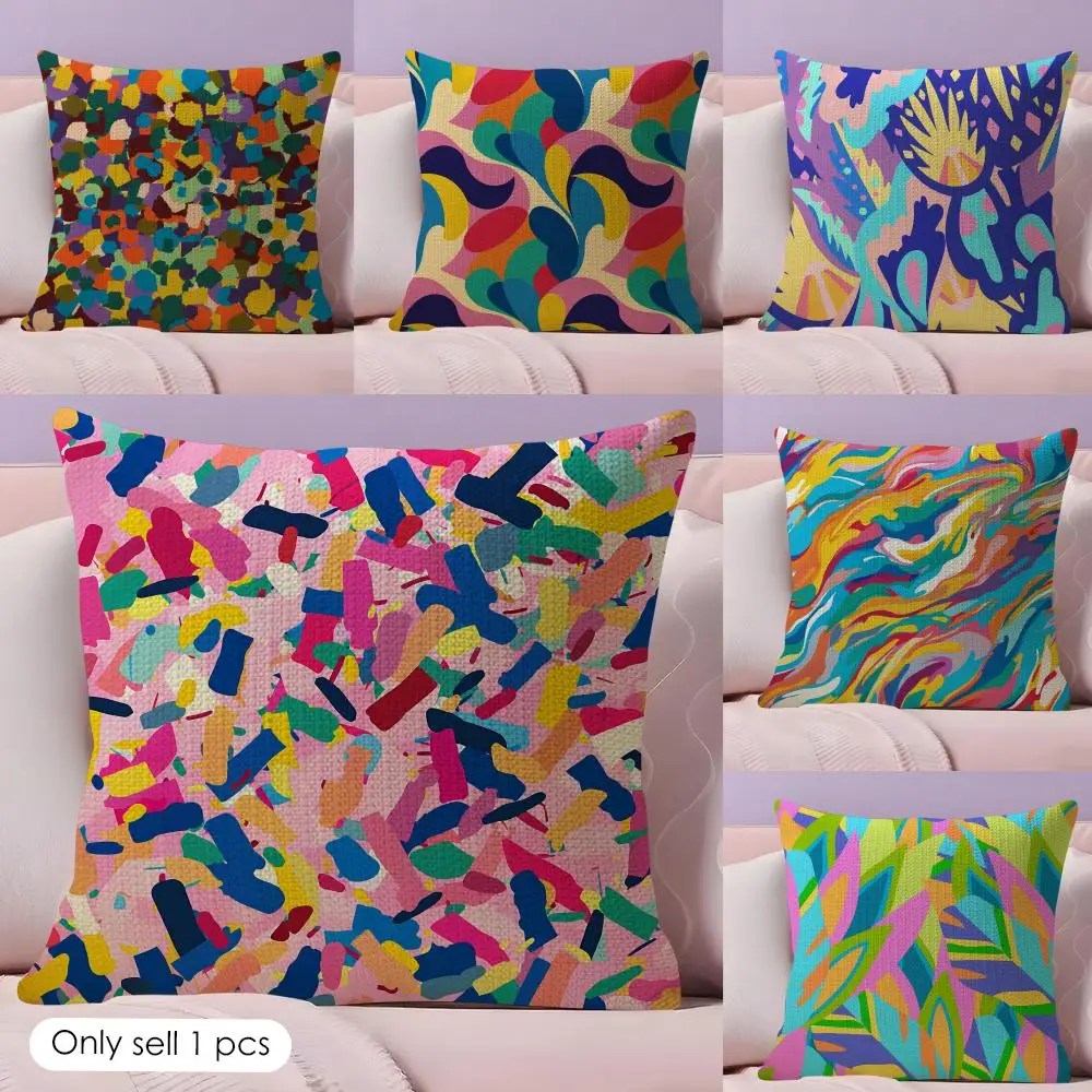 Abstract Colorful Pattern Cushion Cover Natural Linen Double Sided Print  Throw Pillow Case for Sofa Couch Home Decor