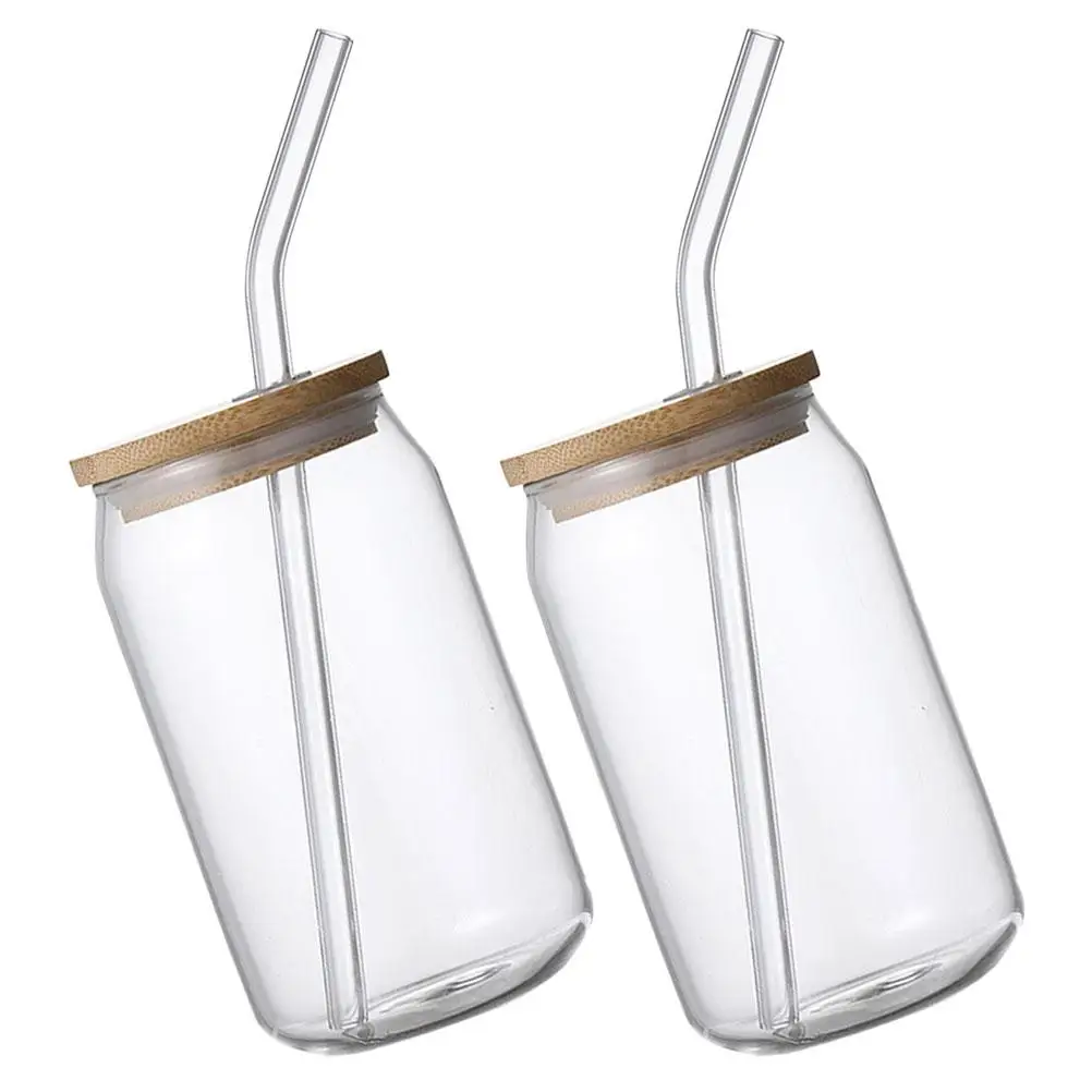 

2 Pcs Glass Cups Bamboo Lid Transparent Cold Heat Resistant Milk Drinking Straw Cup Kitchen Bar Use