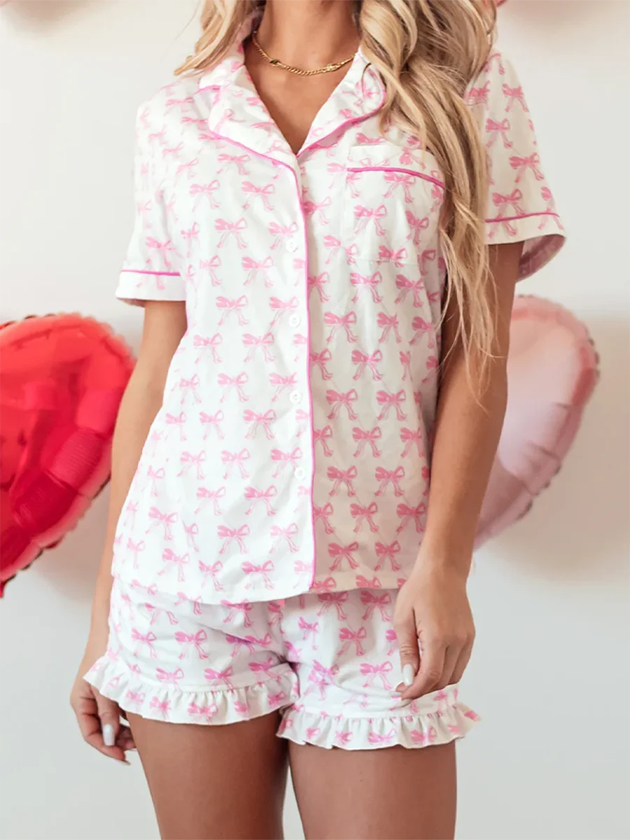 2-teiliges Lounge-Set für Damen, kurzärmelig, Revers, Schleife, Aufdruck, Knopfleiste, Tops, Shorts, Nachtwäsche-Sets