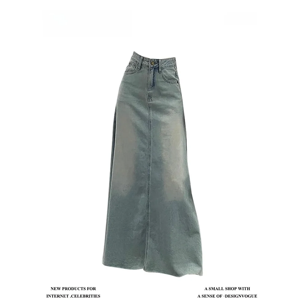 

Юбка миди А-силуэта с высокой талией, корейская джинсовая юбка в стиле ретро, стройнящая, летняя, повседневная, прямая, длинная юбка макси