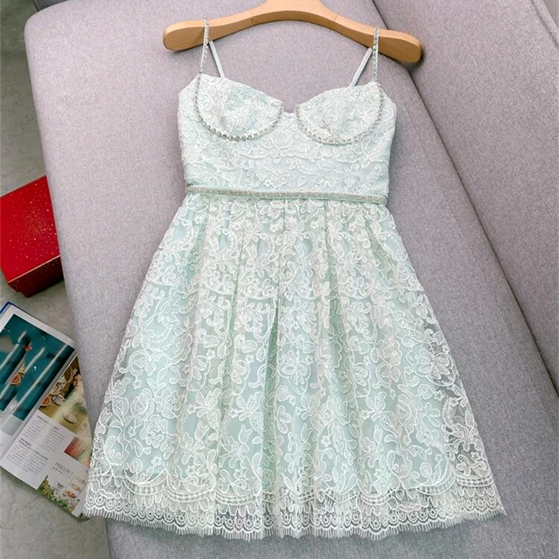 

High Quality Summer Holiday Chain Diamonds Blue Lace Prom Short Dress Women Straps Flower Embroidery Mini Vestidos Party