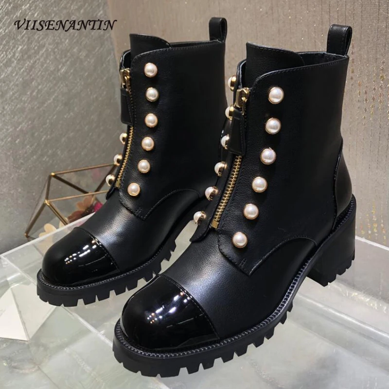 

Luxury Front Zipper Pearl Short Boots Brand Name Genuine Leather Top Fashion Round Toe Chunky Heel Comfortable Daily Dress Shoe