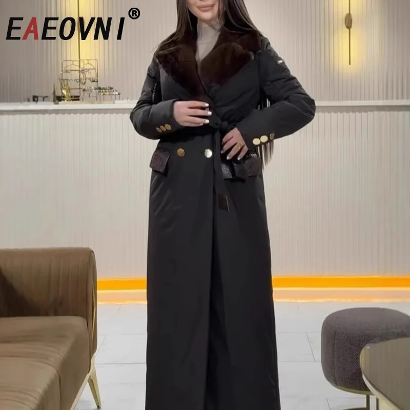 

EAEOVNI Winter Vintage Cotton Long Coat Women Fur Spliced Collar Keep Warm Button Belt Gathered Waist Jacket 2025 New Clothing