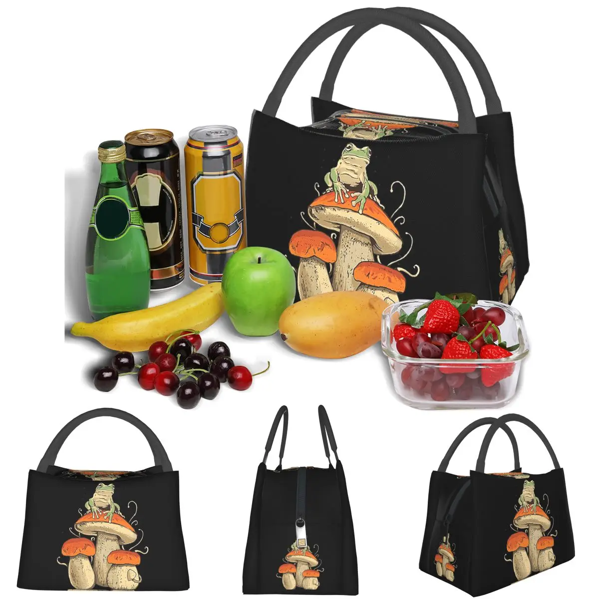 Boho Mushroom Frog Lightweight Handheld Insulated Lunch Bag Aluminum Foil Liner for Adults Students Travel Picnic