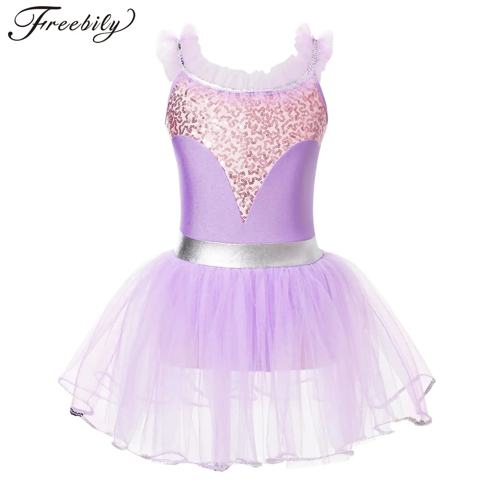 Kids Girls Sequins Ruffle Straps Tulle Tutu Ballet Dance Dress Gymnastics Leotard Modern Latin Jazz Dancing Performance Costume