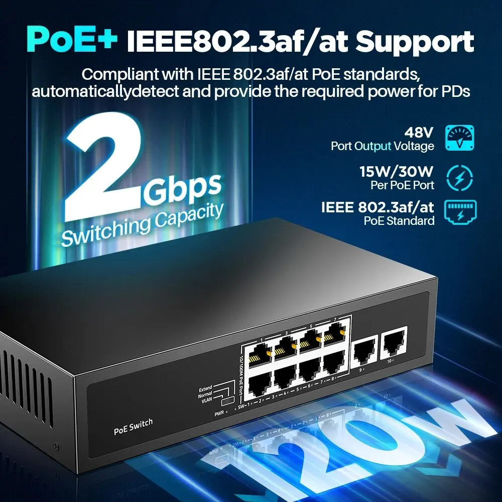 AMPCOM 8 Port PoE Switch 100Mbps/8 PoE+ Port,2 Ethernet Uplink,120W 802.3af/at 30W 15W, Extend Function, Fanless Metal Unmanaged