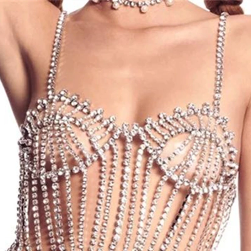 Sexy Tassel Crystal Chest Chain Bra Harness Bikini Fashion Rhinestone Necklace Body Jewelry Bra Top Festival Beach Accessories