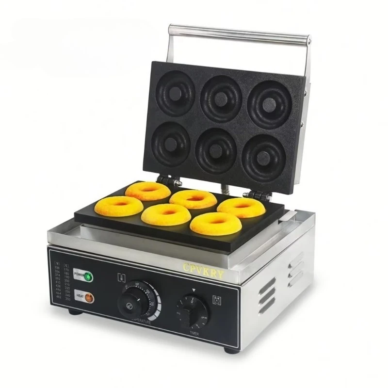 Easy Operate Electric Donut Maker 6-Hole Double-Sided Heating Nonstick Stainless Steel Mini Doughnut Machine Home Bakery Coffee