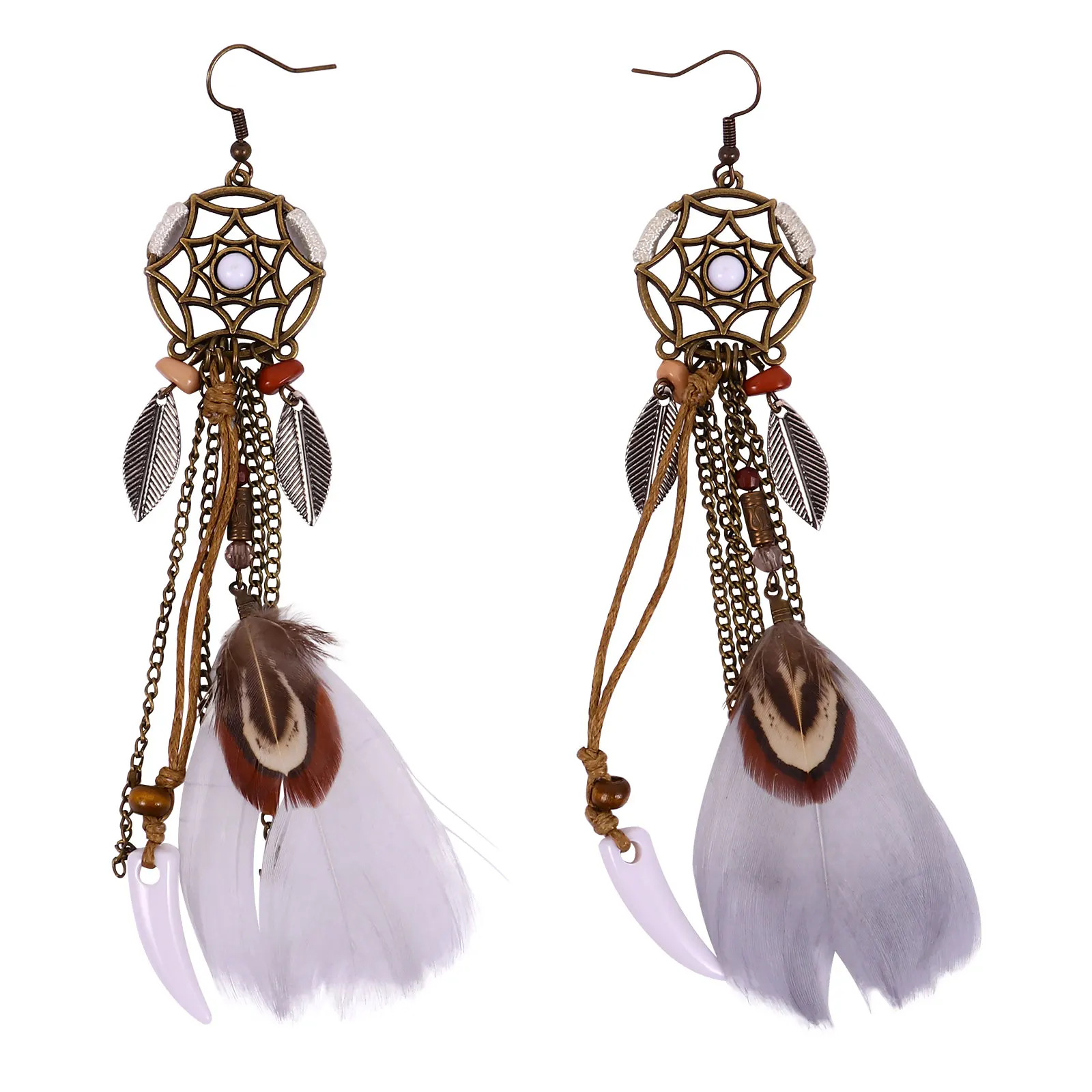 

Bohemian Style Dreamcatcher Earrings White Long Leaf Pendant Alloy Jewelry for Outing Party Wedding Prom Gifts