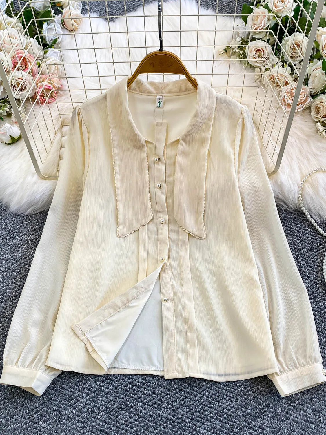 Ochrona przed słońcem Luźna długa koszula damska Jesień Zima Dojazdy do pracy Ozdobne guziki z perłami Odzież wierzchnia Ele Classy Kołnierzyk typu tie