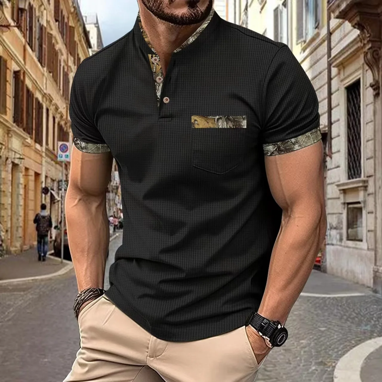 2025 new trend men's explosive summer Waffle pocket solid color business leisure loose short short sleeve T-shirt