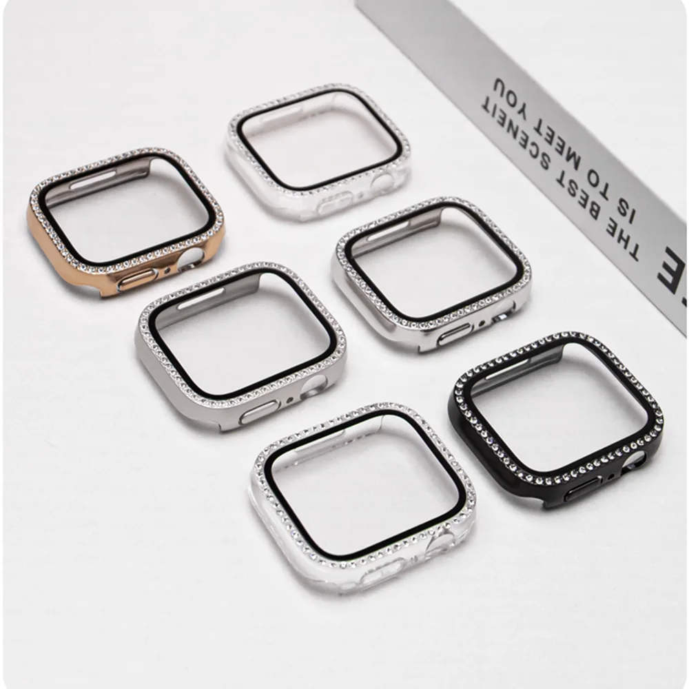 جديد الزجاج + الماس الحال بالنسبة لساعة أبل سلسلة 10 9 8 7 6 5 4 se 46 مللي متر 42 44 مللي متر-40-41-45 مللي متر بلينغ الوفير حامي الشاشة اكسسوارات