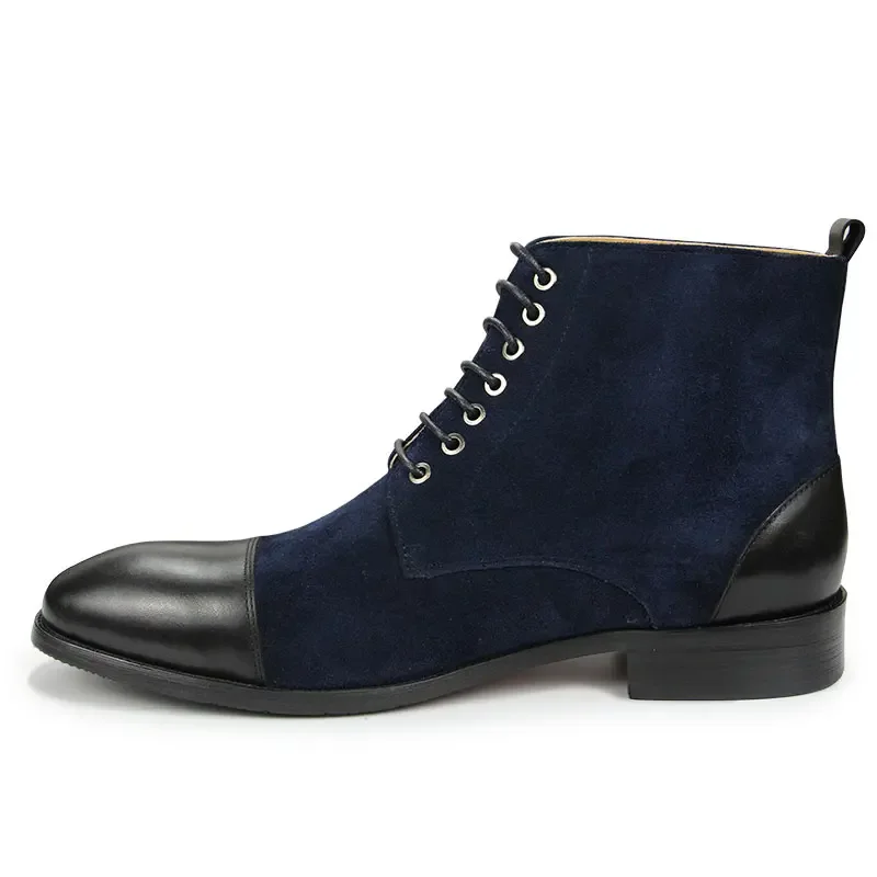 Shoes High quality navy blue Work Pointed footwear service Formal Suede genuine splicing leather men‘s boots half