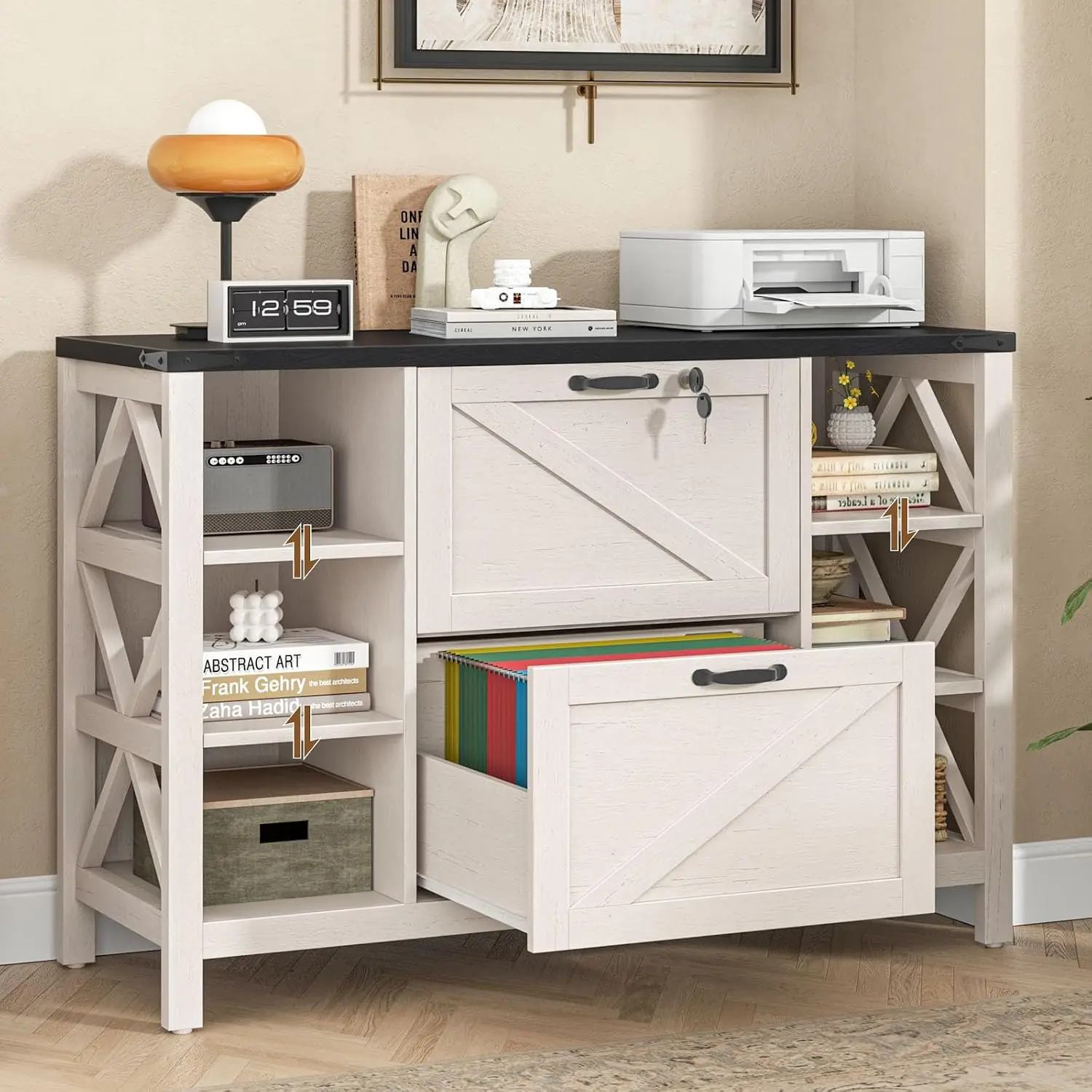 2-Drawer Lateral File Cabinet with 4 Adjustable Shelves Printer Stand for Home Office, White & Black, Customized