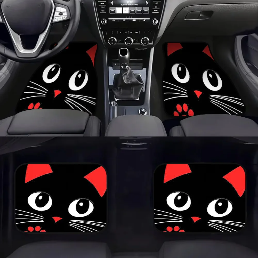 A Set of 4 Car Floor Mats, Easy to Clean, Designed with a Black Cat and Red Paws Motif, Perfect for Hatchbacks or Sedans, an Excellent Gift Choice for Family or Friends, Also Great for Road Trips and Home Decor