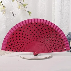 Flamenco Spanish Wood Folding Fan Dots Pattern Modern Classical Vintage Wood Hand Fan for Dance Perfornamnces Party