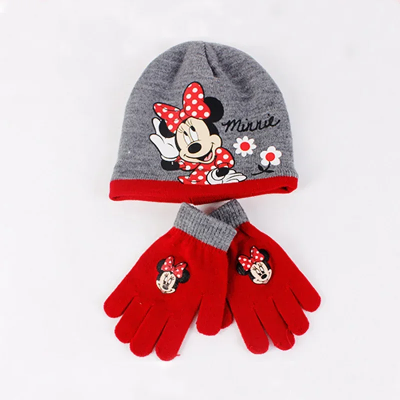 Disney 2 pz/set Minnie Print guanti per cappelli lavorati a maglia inverno caldo moda cappelli per bambini berretto da ragazza guanto magico