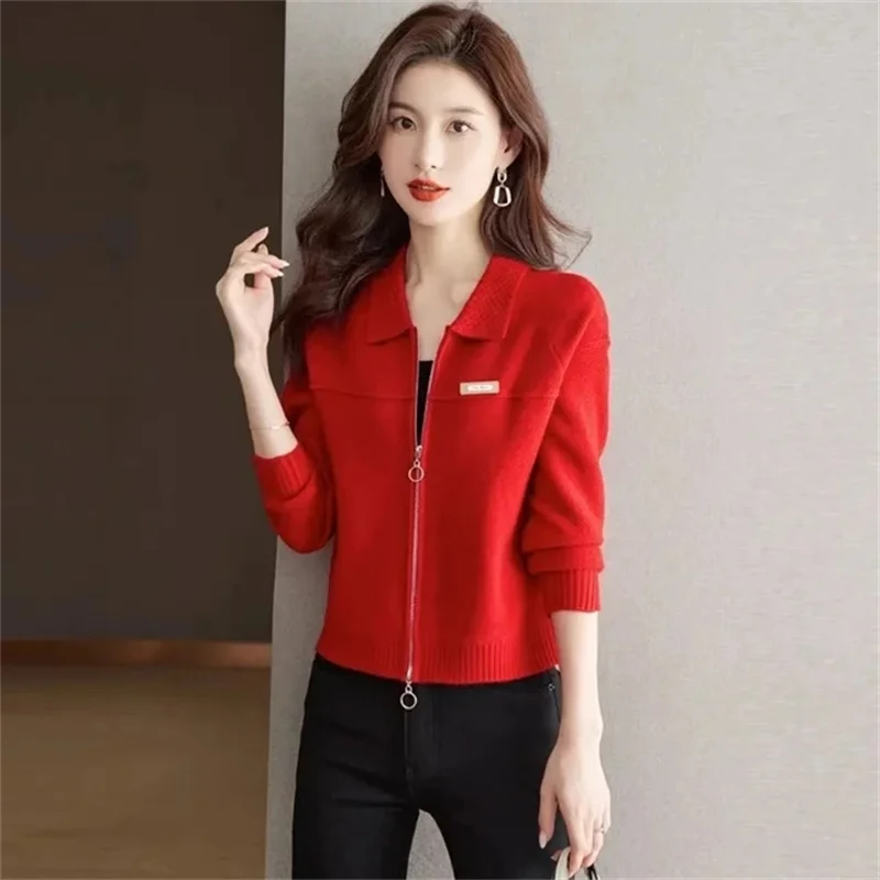 Spring Autumn New Lapel Collar Zipper Women Knitted Cardigan Sweater Jacket Fashion Short  Leisure Versatile Female Sweater