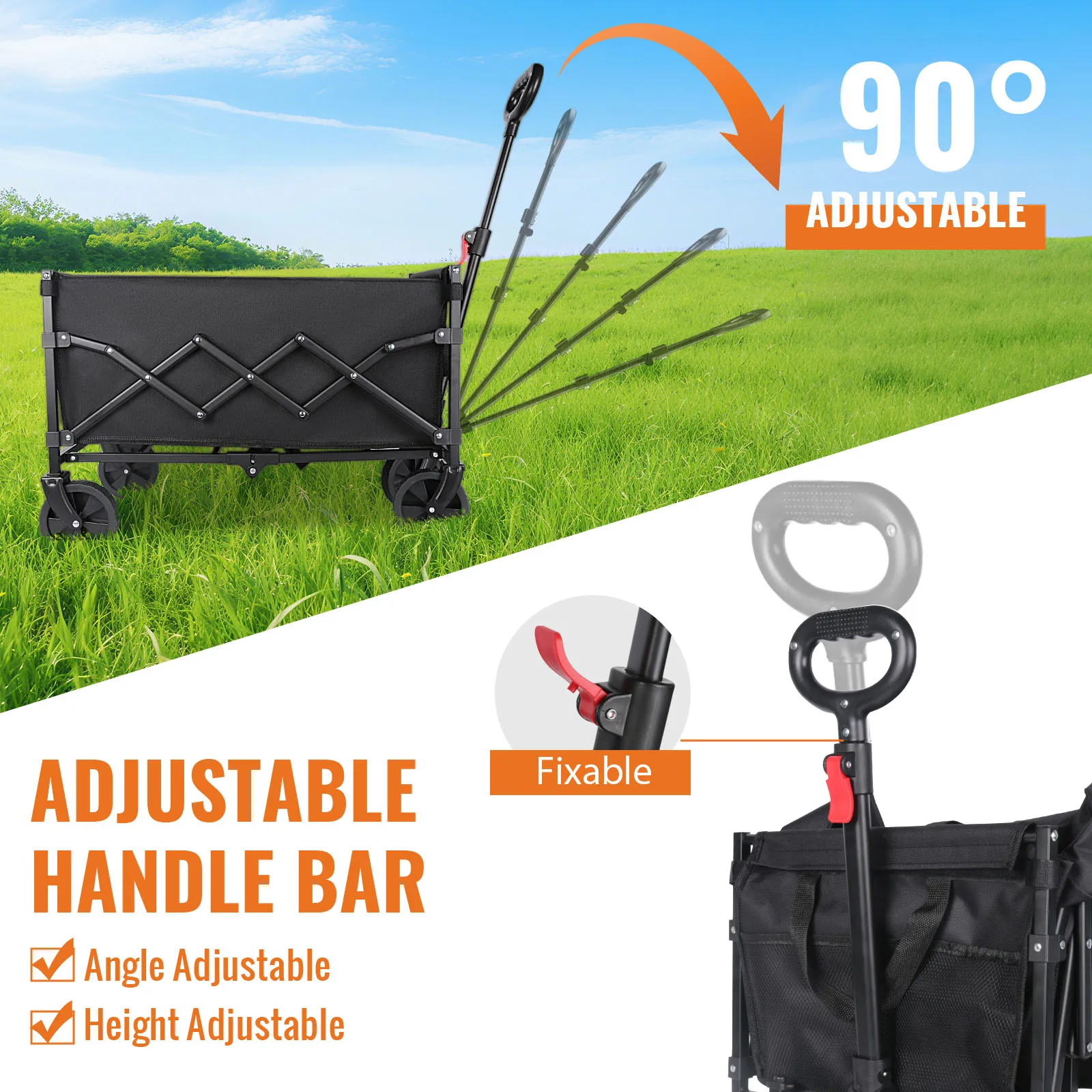 عربة تخييم محمولة قابلة للطي 100 لتر 75 كجم 165 رطل تحميل عالي التحمل 4 عجلات 360 درجة °   عربة سفر للنزهات على الشاطئ قابلة للدوران في الهواء الطلق