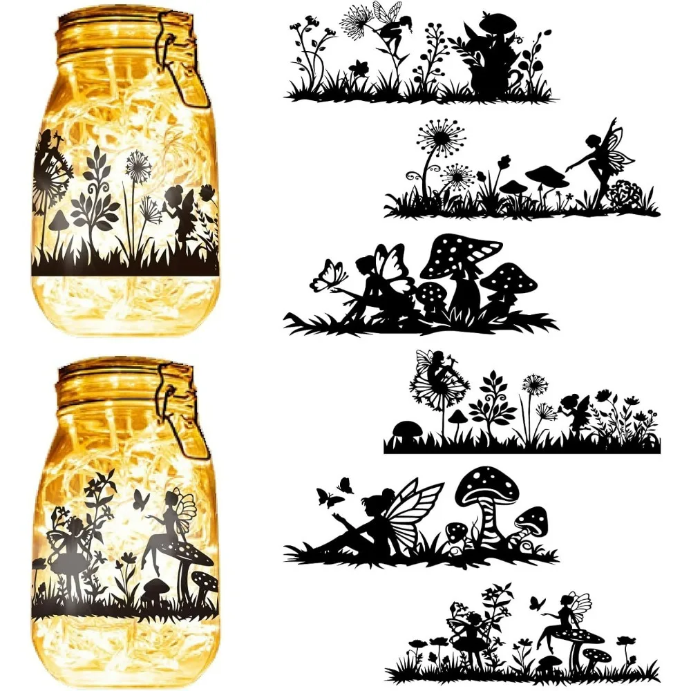 6Pcs Fairy Mushroom Silhouettes Mason Jar Decor PVC Laser Cut Fairies Scrapbook Cardboard Solar Lantern Hanging Cutouts Ornament