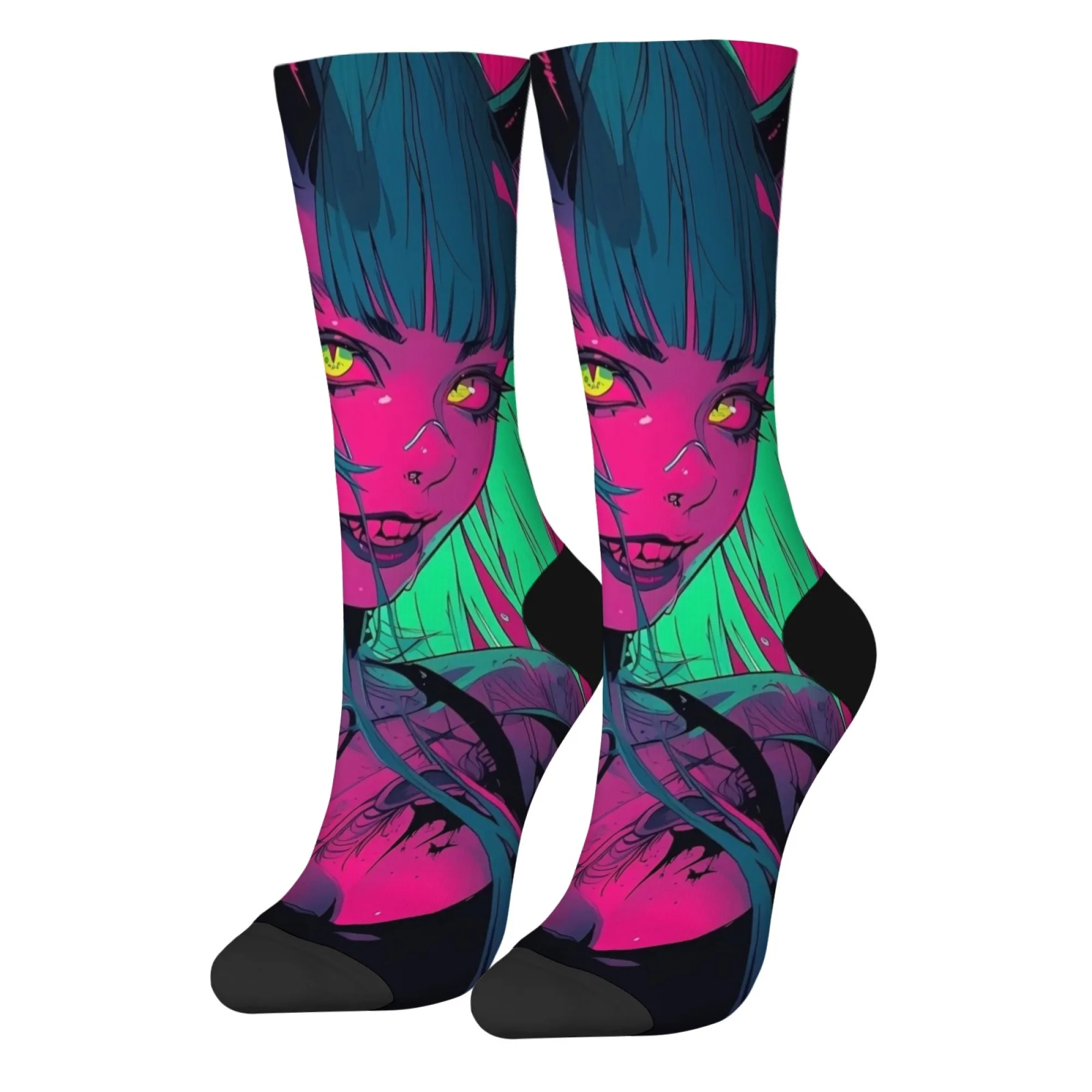 ถุงเท้าลายอนิเมะไซเบอร์พังก์ ความยาวครึ่งน่อง พิมพ์ลายบล็อกสีนีออน ลายเส้นผมแบบช็อคเกอร์ ลายสักหัวใจ สไตล์ดาร์กเท่ๆ สำหรับงานปาร์ตี้สตรีท