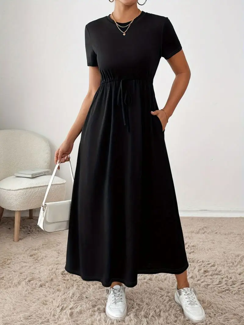 Women's Loose Casual round Neck Short Sleeve Drawstring Waist Long Skirt Fashion Swing Dress
