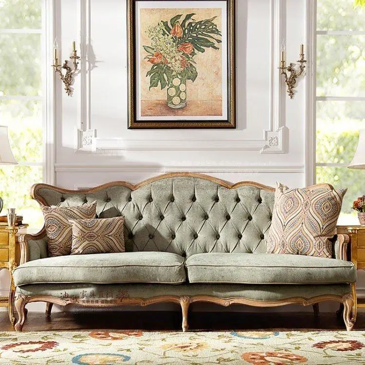 American rural solid wood weathered fabric double triple sofa, French classic retro carved buckle sofa furniture