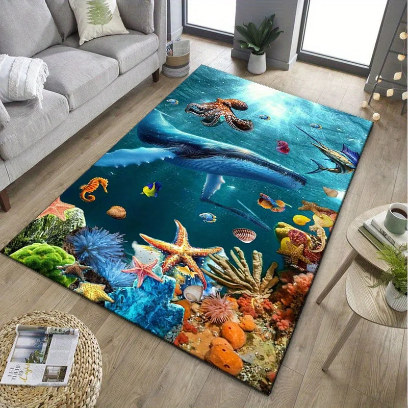 Ocean life rug featuring whales fish and coral reefs ideal for kids rooms ocean rugs marinethemed homedecorSkid resistantcarpet