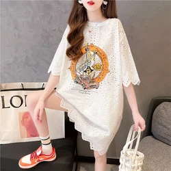 Fashion T-shirt Women 2024 Summer Large Size Loose Short Sleeve Tshirt Printed Lace Stitching Hollow T Shirt Womens Casual Tops