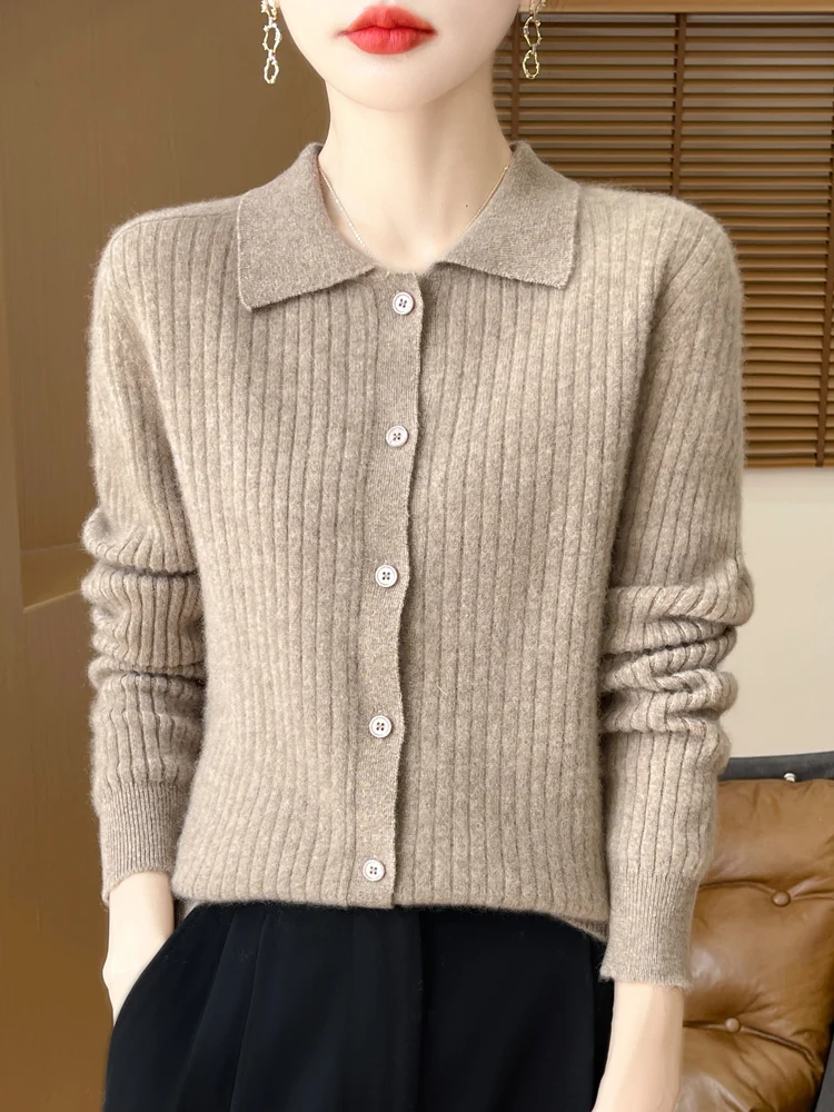 Autumn Winter Women New 100% Merino Wool Sweater Cashmere Polo Collar Cardigan Vertical Stripes Knitwear Bottoming Clothing Tops