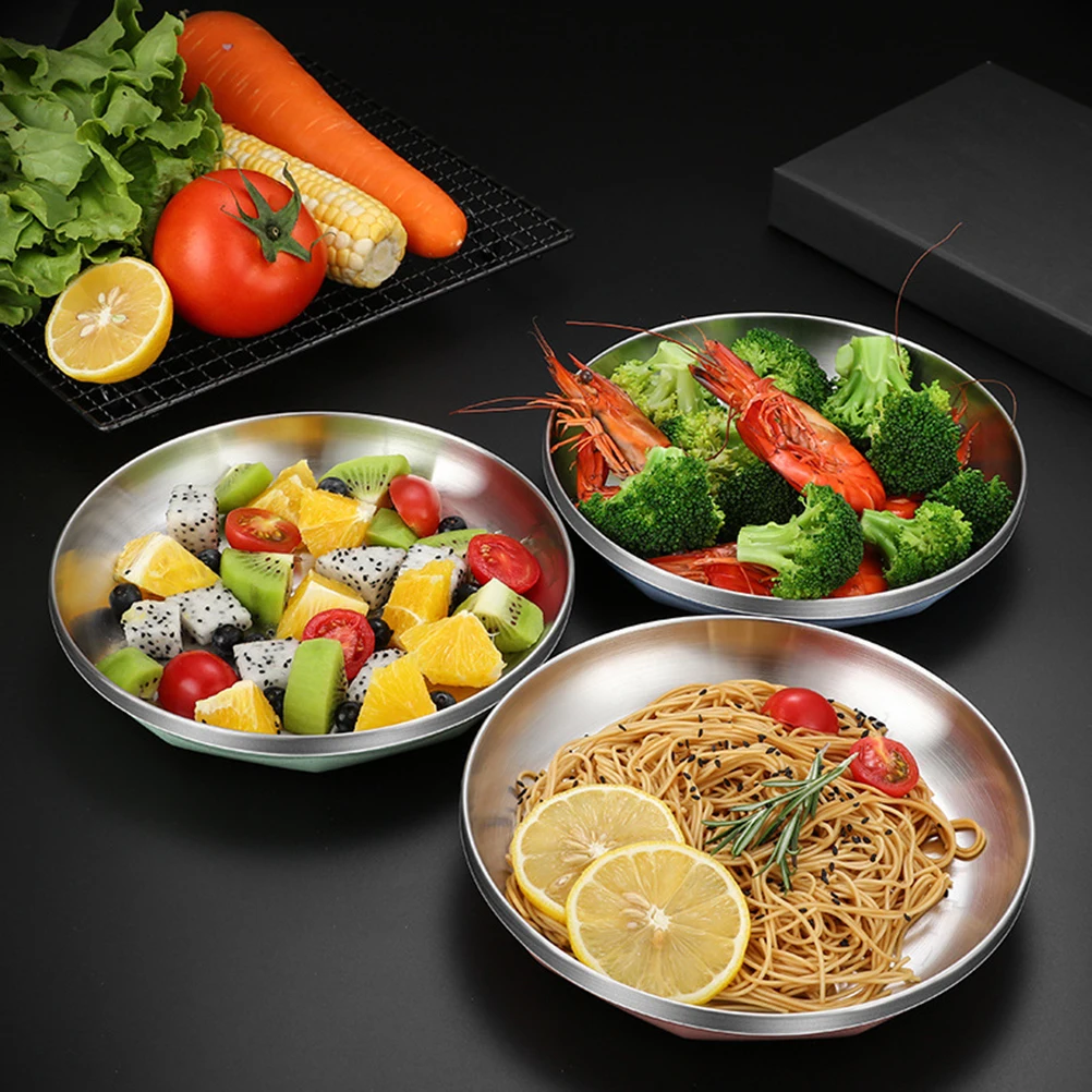 

1pc Anti-Scalding Stainless Steel Round Food Plate Heat Resistant Serving Platter Household Kitchen Restaurant Use Gift