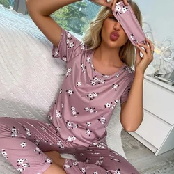 Summer Two-Piece Women's Round Neck Printed Short Sleeved Top and Pants Women's Cute Home Pajama Set