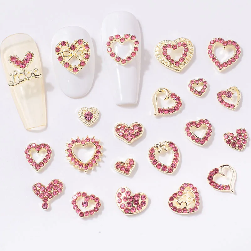 10PCS Nail Charms Parts For Valentine\'s Day Nail Decoration Rose Gold Heart Design Alloy Nail Tips Jewelry Manicure Accessories