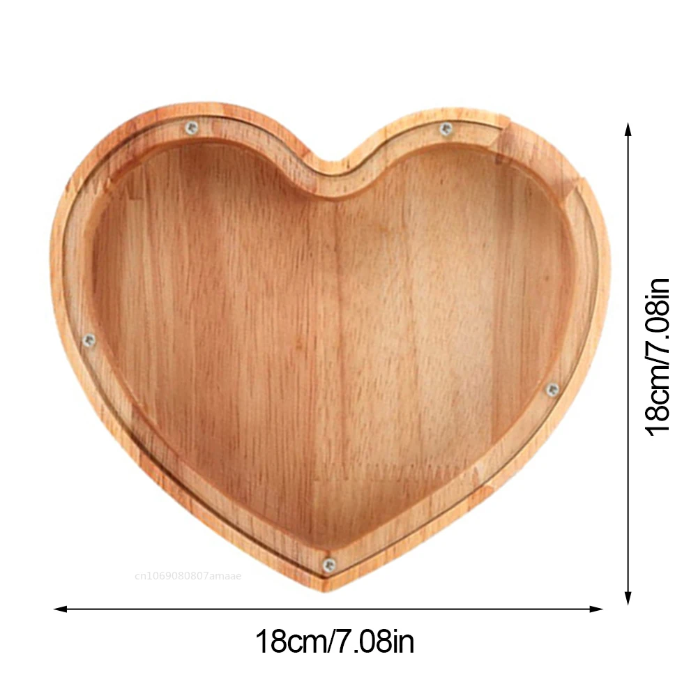 Wooden Piggy Bank Heart Shaped Coin Money Saving Box Jar Coins Storage Box Desktop Ornament Home Decor Crafts Birthday Gift