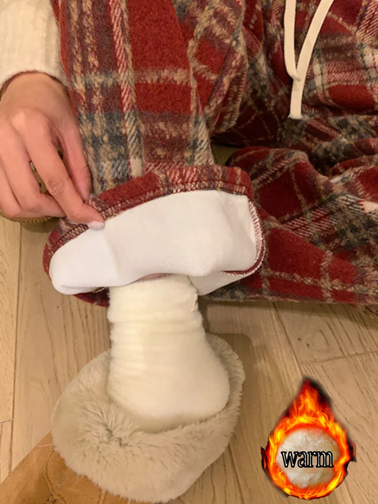 المرأة الخريف والشتاء الصوف الثقيل منقوشة السراويل نمط جديد الصوف مبطن سميكة عارضة الرياضة مستقيم الساق السراويل