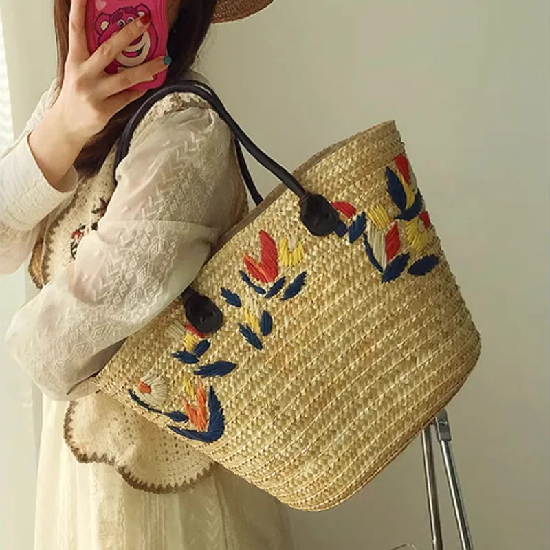 Large capacity tote bag fashion embroidered grass woven women bag shoulder bag summer vacation beach bag women  handbag