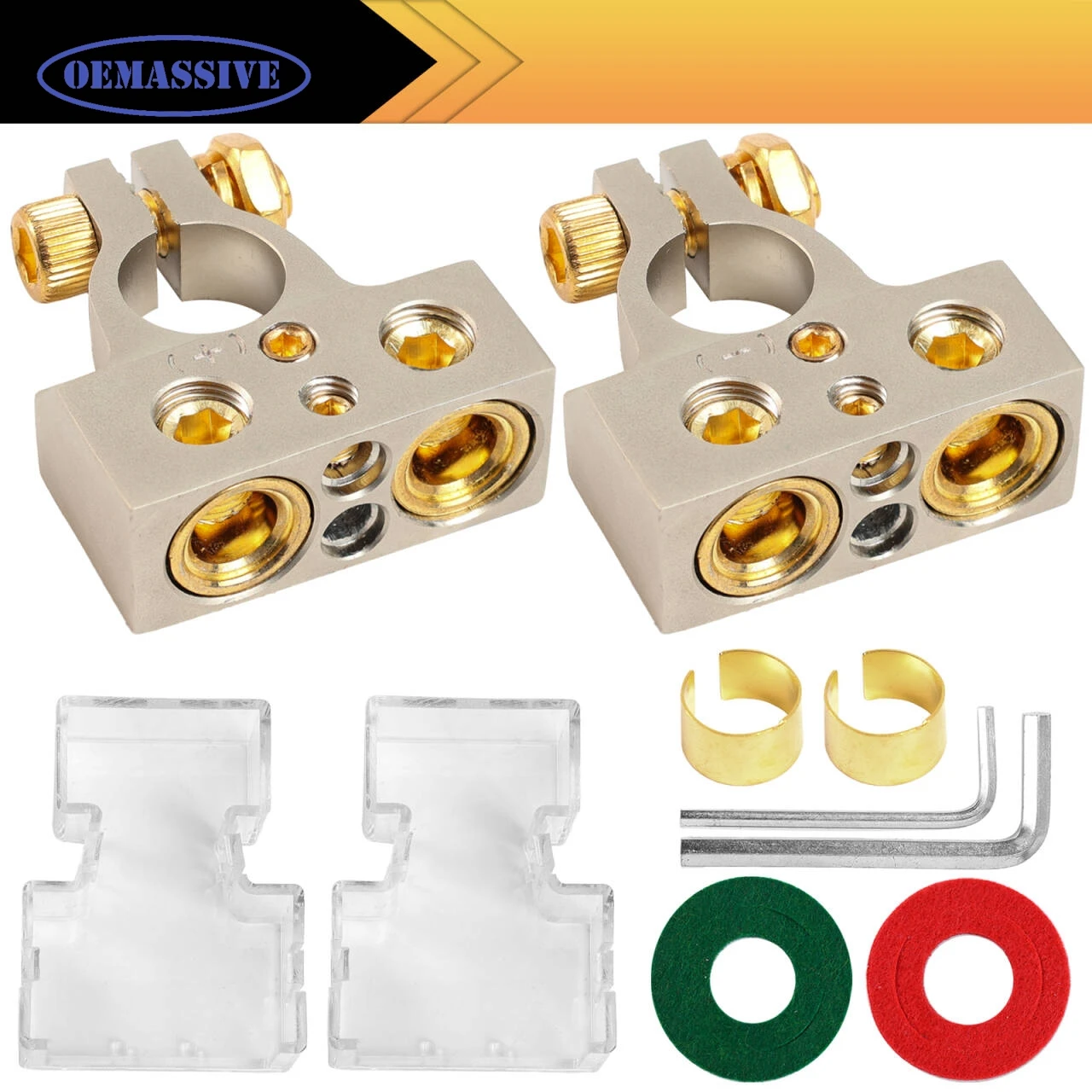 2x 2/4/8/10 AWG Gauge Positive Negative Car Battery Terminal Connectors Post Clamp with Washers Shims Clear Covers Special Tools