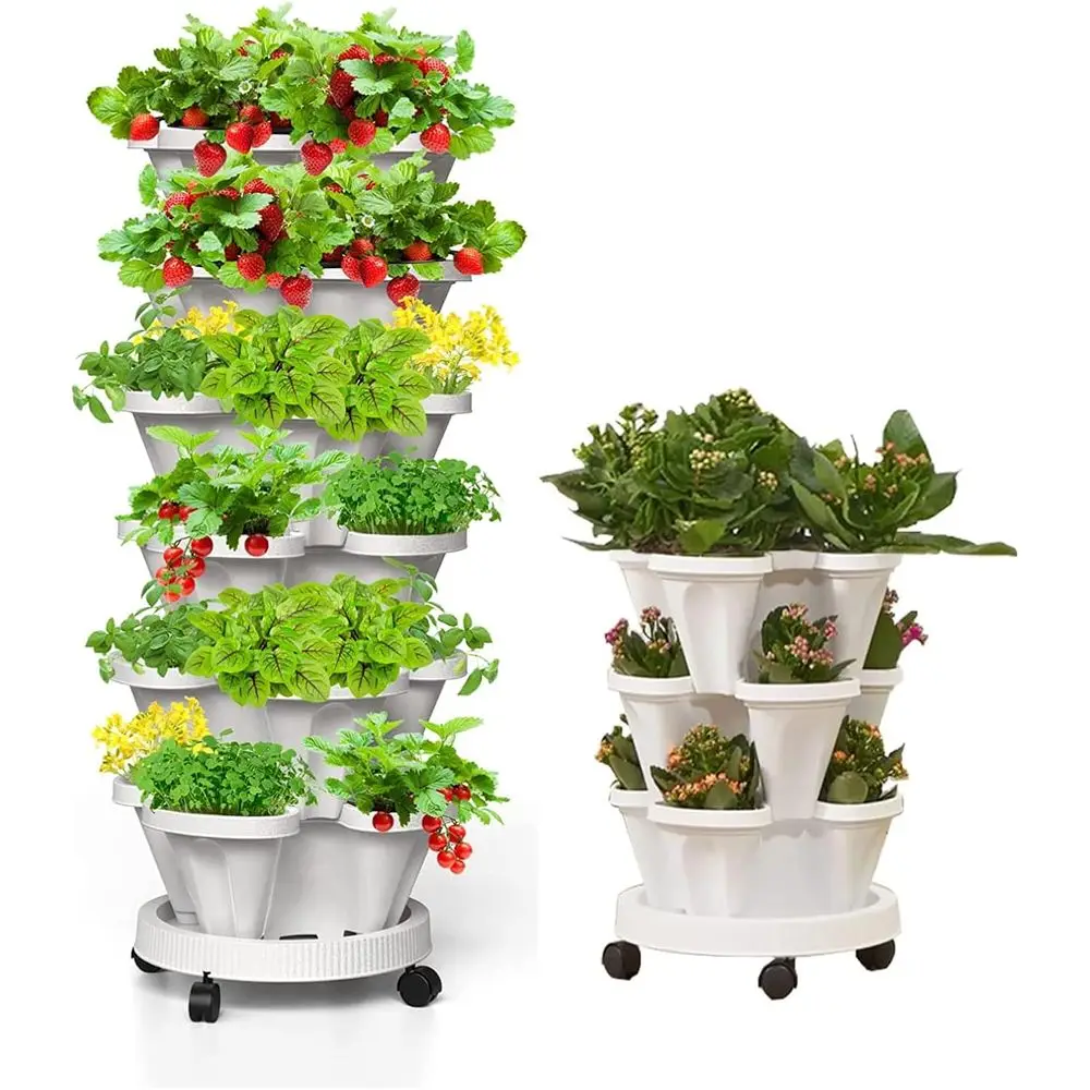 

2-Tier 6-Potted Vertical Strawberry Planter Tower with Rolling Casters and Drainage Tray for Indoor/Outdoor Herb Gardening