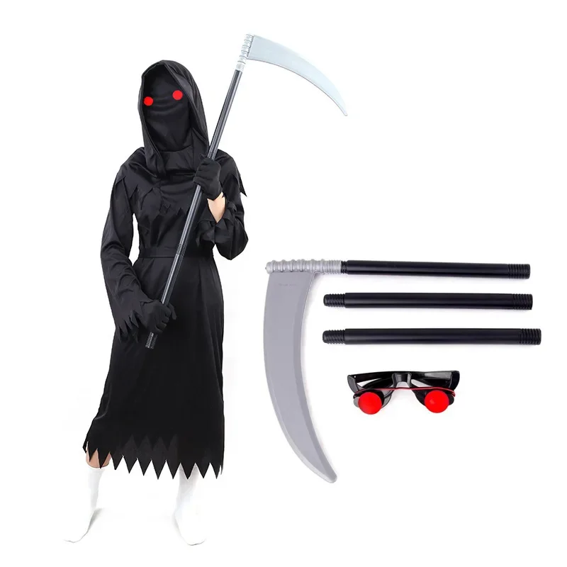 Bambino Horror Red Eye Grim Reaper Costume Scythe Devil Darkseid Ghost Cosplay Suit Halloween Hooded Party Dress guanti